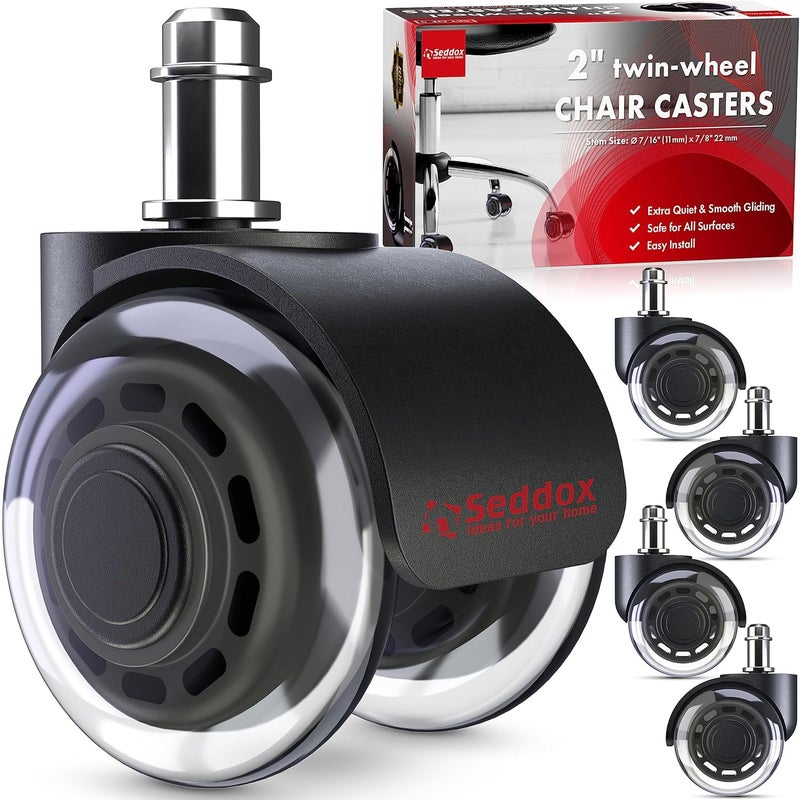Seddox Office Chair Wheels Replacement Set of 5 - Dual 2 Inch Soft Chair Casters for Hardwood Vinyl Tile - Heavy Duty & Safe for All Floors - Fits 98% of Computer Gaming & Office Chairs - Black - Image 1
